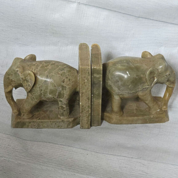 Vintage Marble Elephant Green Marble Bookends Hand-Carved 4 lb Set - Picture 1 of 8